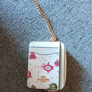 Coach White Card Case Wallet with Pink and Green Ornament Print and Gold Chain